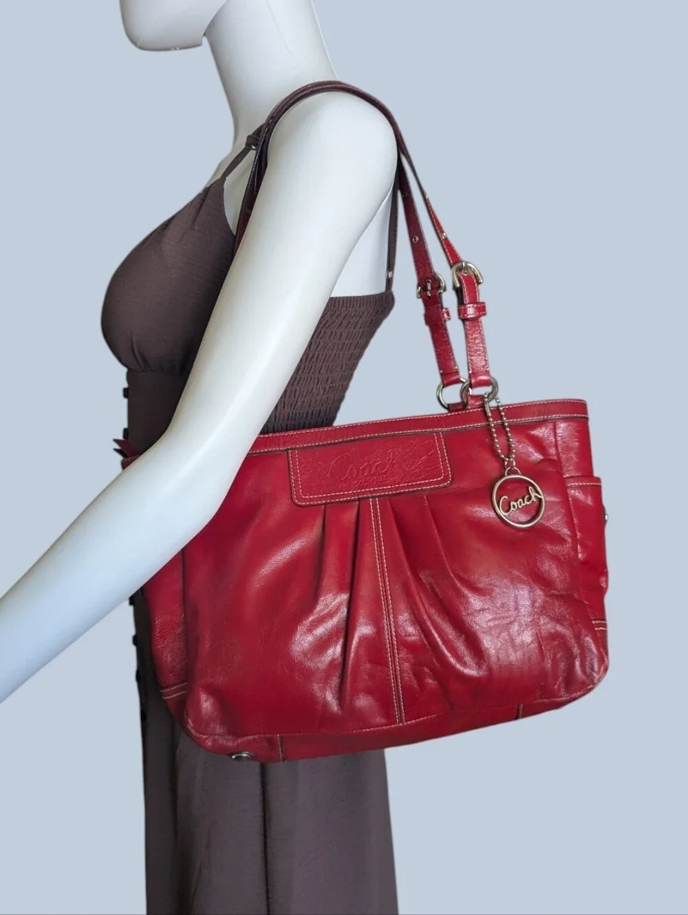 Coach Red Leather Shoulder Tote with Charm